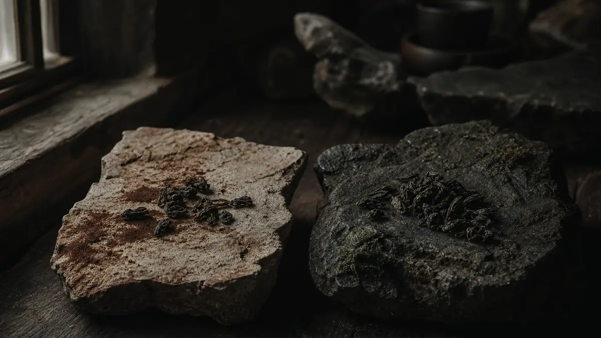 Dark atmospheric editorial tea photograph, two distinct rough stone slabs placed side by side on aged dark wood surface,