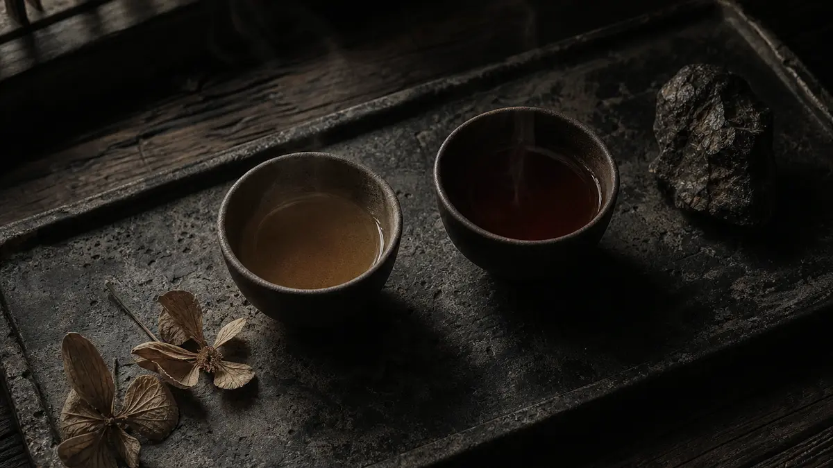 Dark atmospheric editorial tea photograph, two small unglazed clay tea cups seen from slightly above on a weathered char