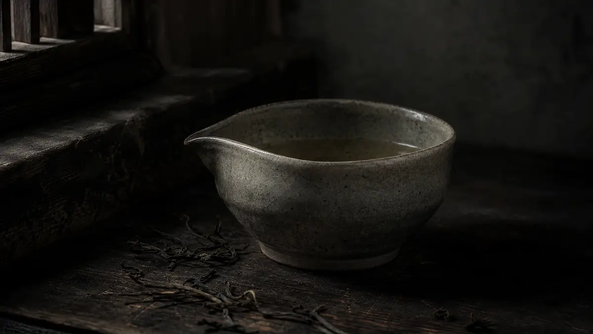 Dark atmospheric editorial tea photograph of a lidless ceramic houhin brewing vessel resting on aged dark wood surface, 