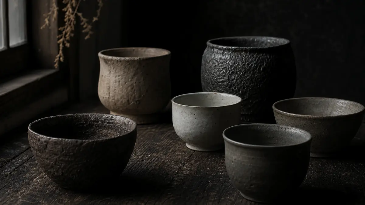 Dark atmospheric editorial tea photograph of multiple lidless brewing vessels arranged on a weathered dark wood surface,
