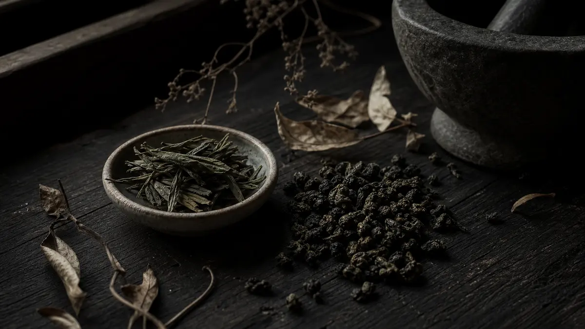 dark atmospheric editorial tea photograph, loose dried tea leaves scattered and arranged on dark weathered wood, small o