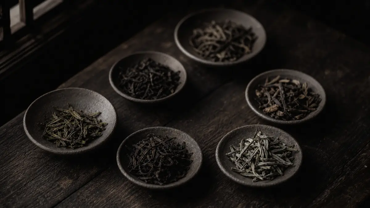 dark atmospheric editorial tea photograph, low natural light from one window, an arrangement of five or six small unglaz