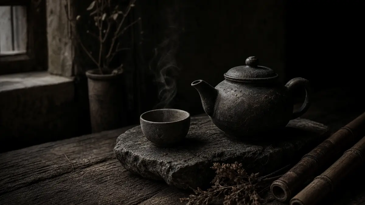 Dark atmospheric editorial tea photograph, ancient weathered clay teapot resting on a rough stone slab beside a small un