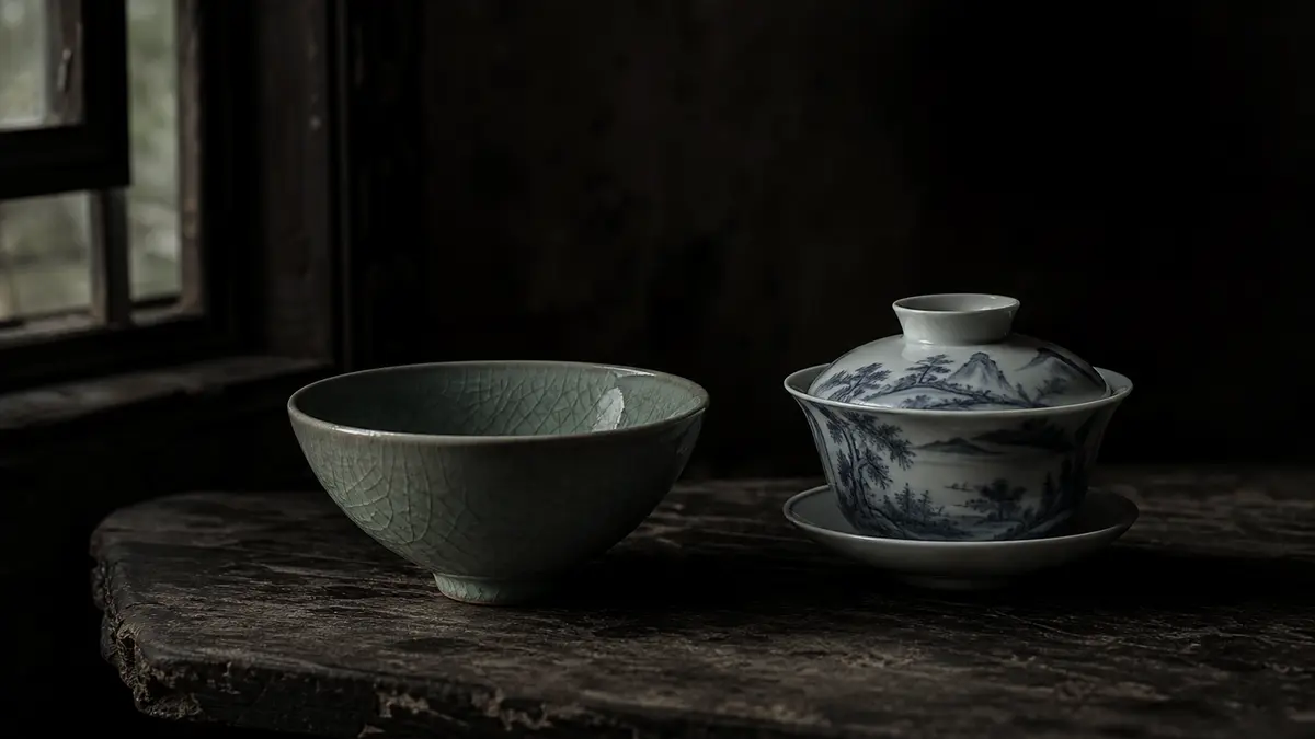 dark atmospheric editorial tea photograph, a Korean celadon bowl beside a Chinese porcelain gaiwan resting on aged dark