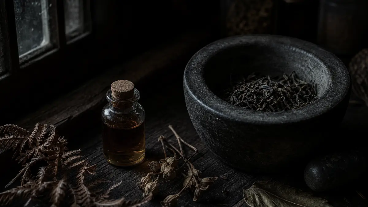 Dark atmospheric editorial tea photograph, a weathered stone mortar holding dried tea leaves beside a small glass vial o