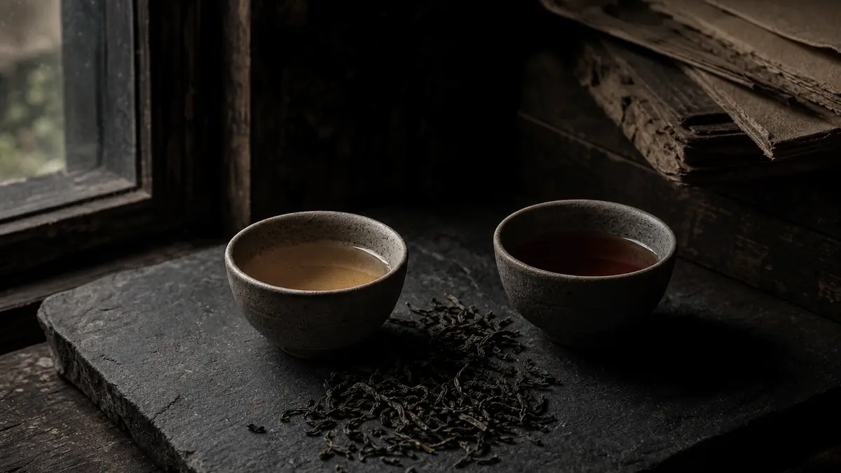 Dark atmospheric editorial tea photograph, two small unglazed ceramic tea cups side by side on a dark slate stone surfac