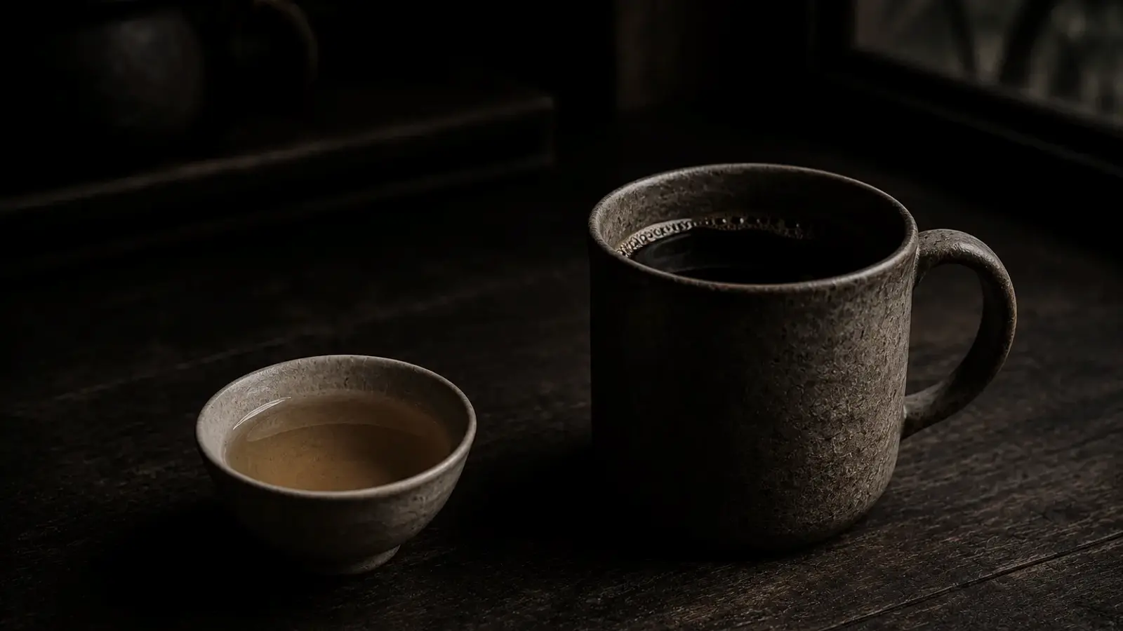 Pour-over coffee and gongfu tea ceremony side by side in warm natural light, illustrating two beloved brewing rituals.
