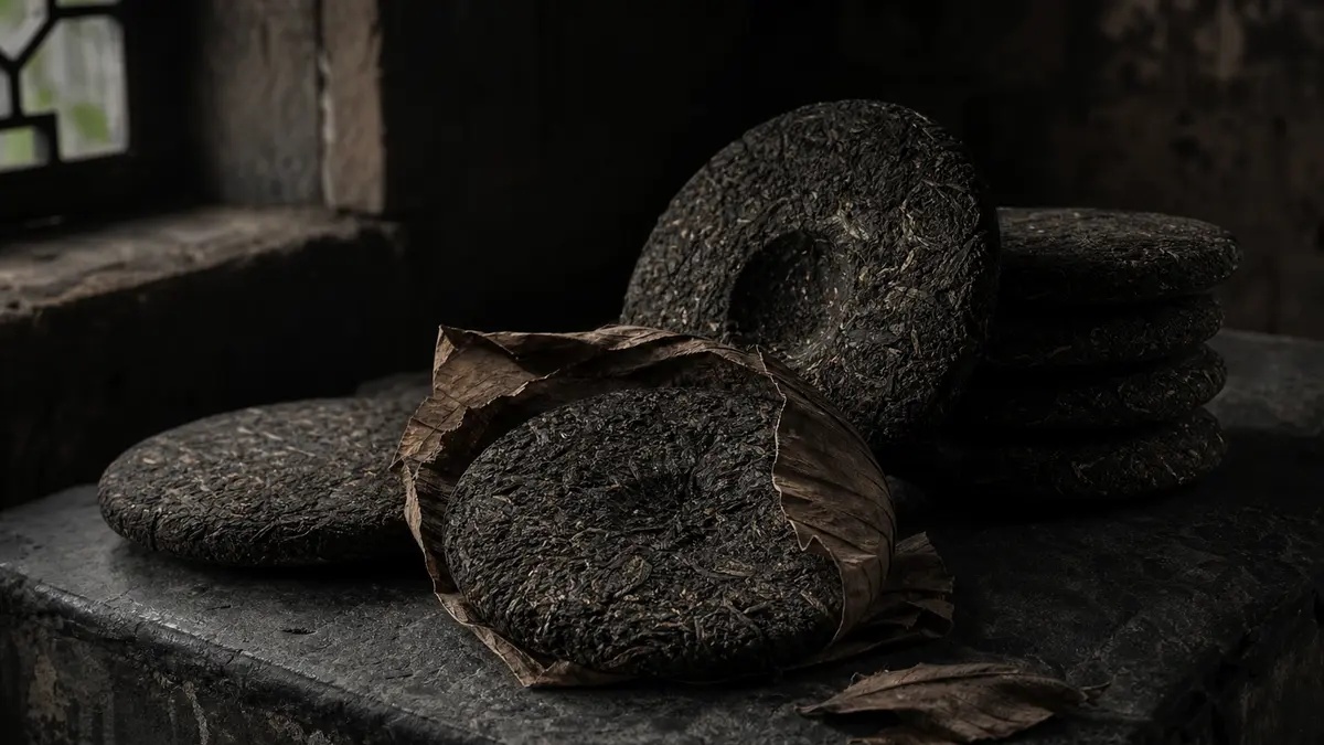 Dark atmospheric editorial tea photograph, several compressed pu-erh tea cakes in various aged states stacked and leanin