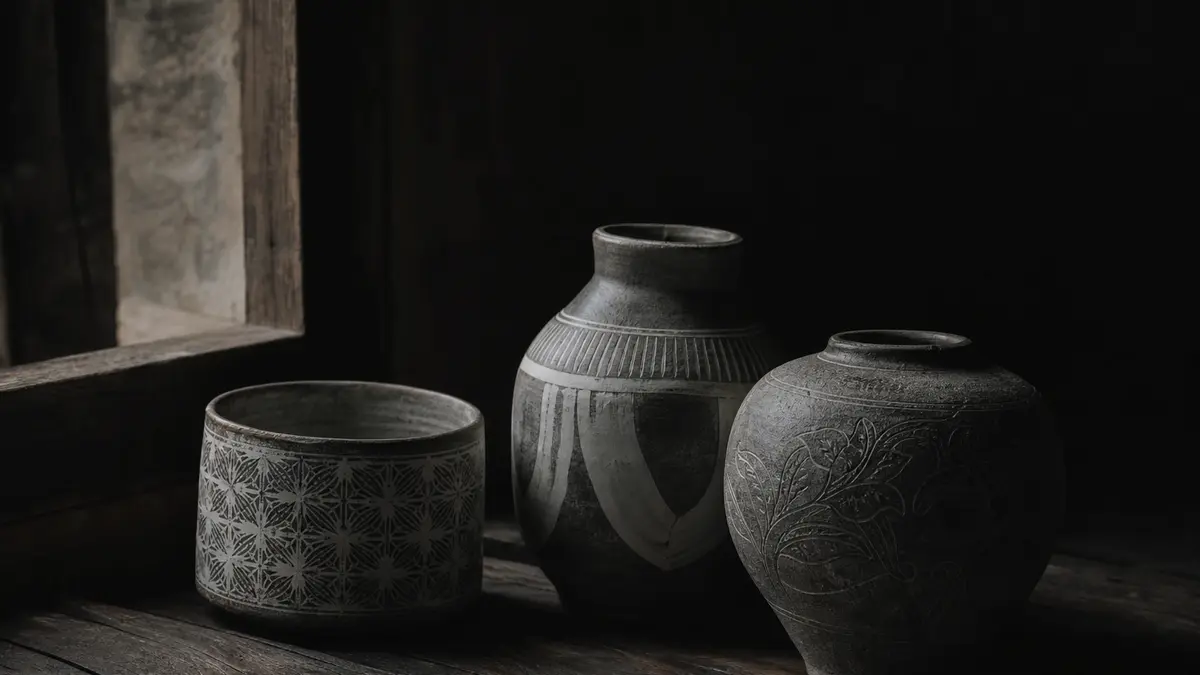 Dark atmospheric editorial photograph of three ancient buncheong ceramic vessels arranged on aged dark wood surface, one