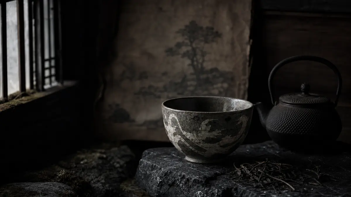 Dark atmospheric editorial photograph of a single weathered buncheong tea bowl resting on a rough dark stone surface bes