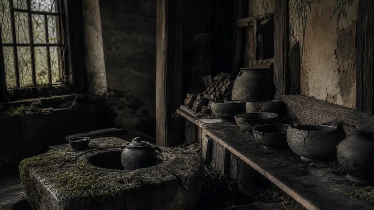 dark atmospheric editorial photograph of an abandoned ancient Korean stone tea hearth overgrown with moss, cracked ceram