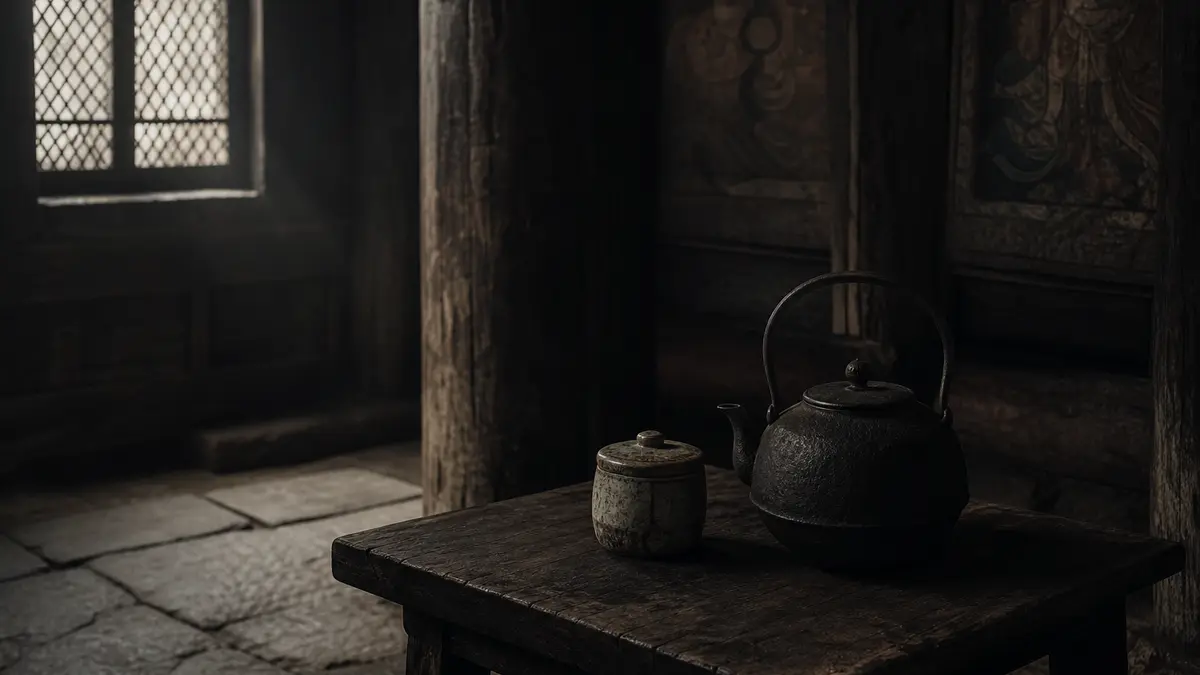 dark atmospheric editorial photograph of a traditional Korean Buddhist temple wooden pavilion interior at Daeheungsa, an