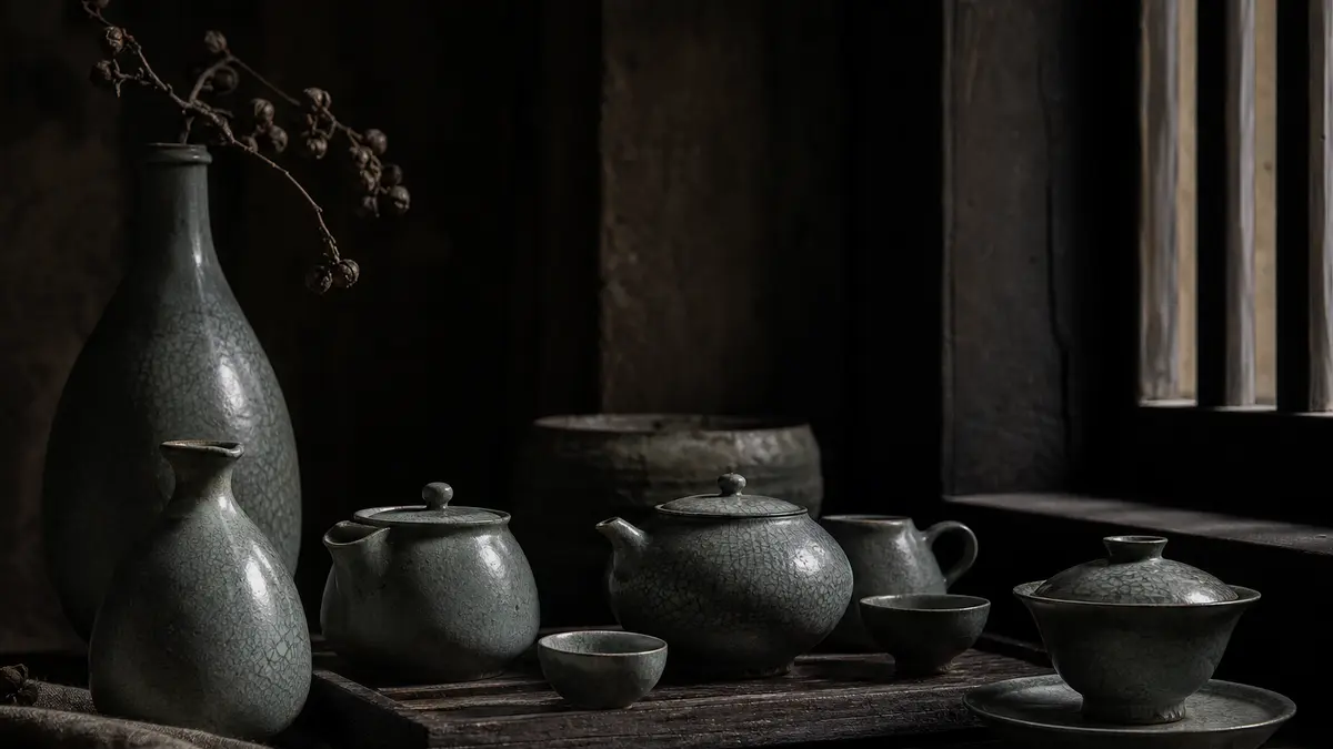 dark atmospheric editorial photograph of traditional Korean celadon ceramic vessels arranged on aged dark wood surface, 