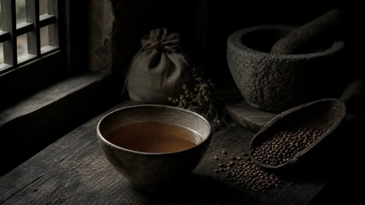 Dark atmospheric editorial photograph of a rustic Korean ceramic bowl filled with golden-brown barley tea, placed on an
