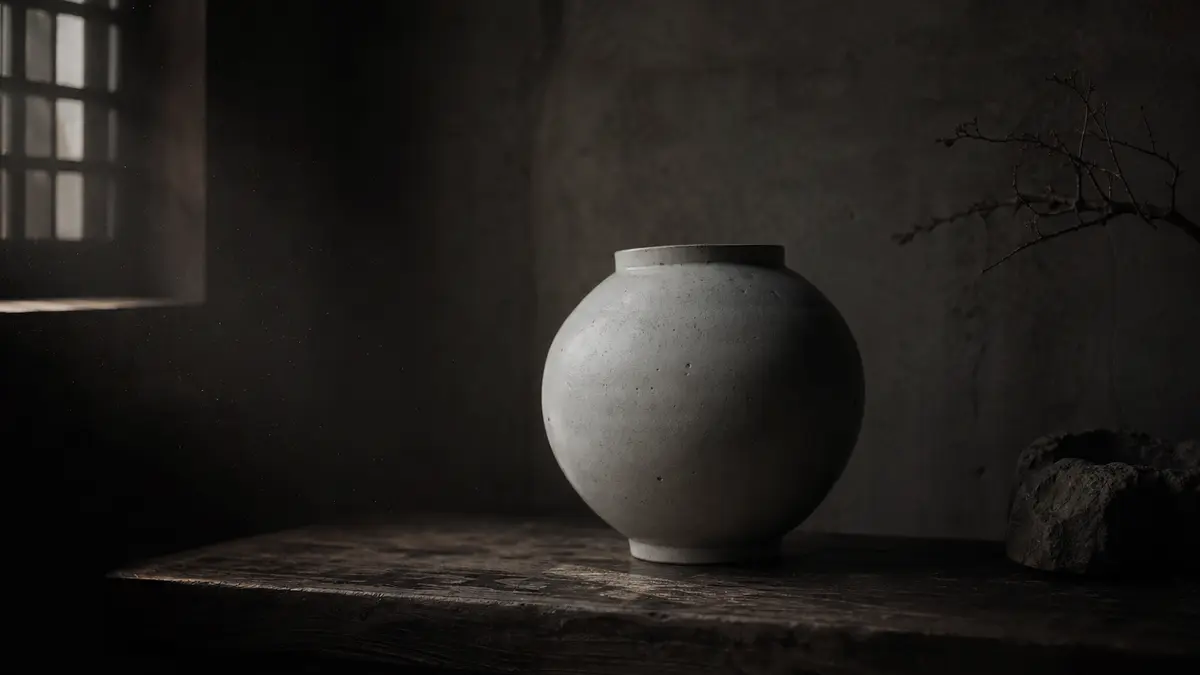 A single Korean moon jar in milky white-gray glaze with subtle asymmetry, placed on a dark aged wooden surface, low natu