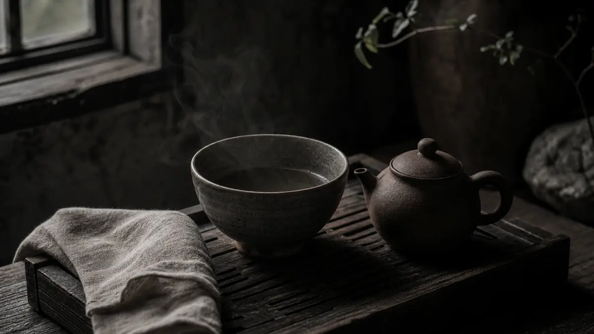 A dark atmospheric still life of a simple Korean ceramic tea bowl with matte gray-brown glaze beside a small unglazed cl
