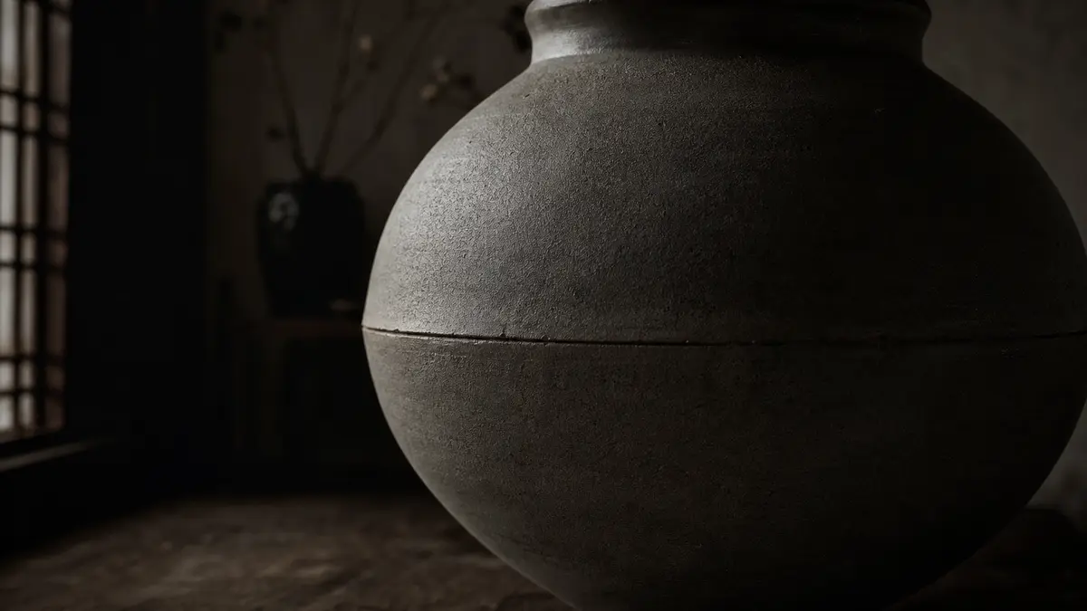 dark atmospheric editorial close up photograph of a Korean moon jar ceramic vessel focused on the subtle horizontal seam
