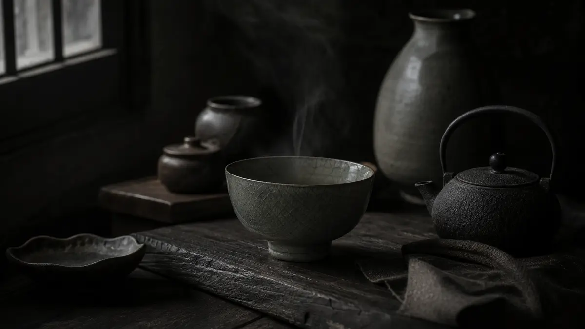 Dark atmospheric editorial photograph of an ancient Korean celadon tea bowl resting on weathered dark wood, surrounded b
