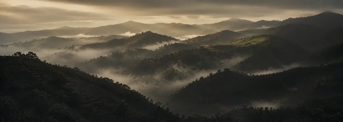 Misty tea mountains at dawn