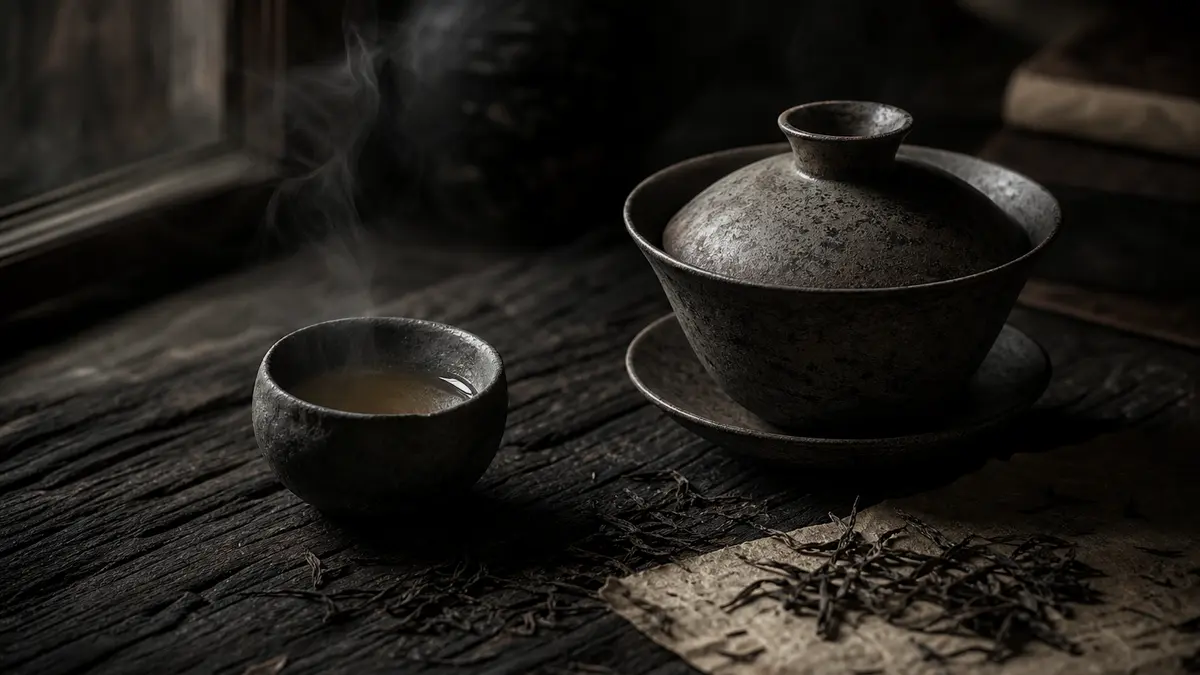 dark atmospheric editorial tea photograph, a weathered clay gaiwan resting on ancient dark wood grain surface beside a s