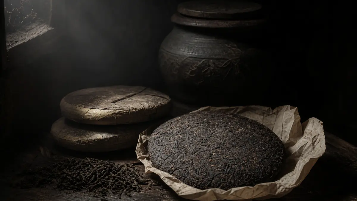 Dark atmospheric editorial photograph of aged shou pu-erh tea cakes stacked on weathered dark wood surface, one compress