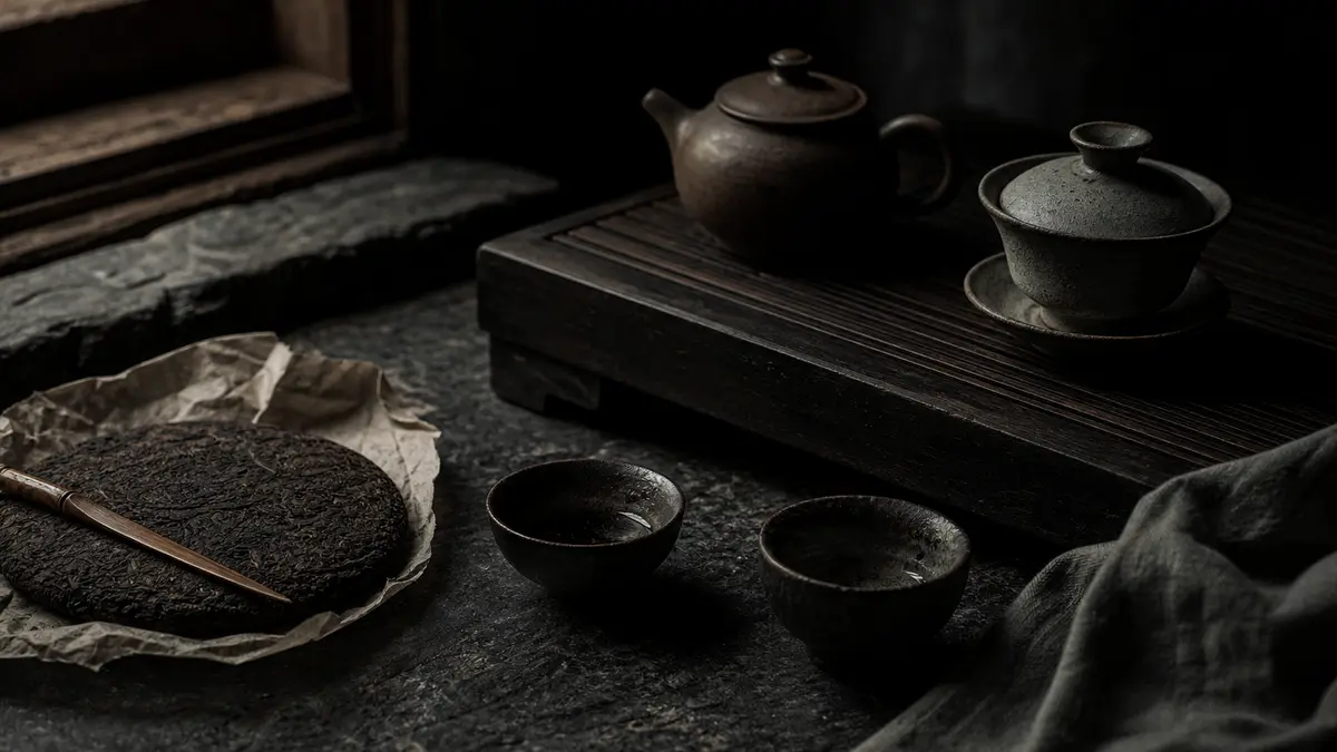 Dark atmospheric editorial photograph of minimal pu-erh brewing tools arranged on aged dark stone surface, small clay yi