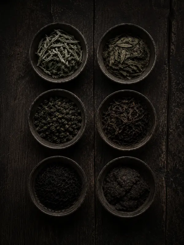 Dry tea leaves with an atmospheric, moody quality