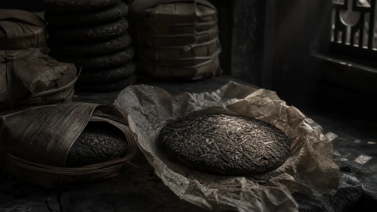 Dark atmospheric editorial photograph of several aged pu-erh tea cakes in various states of unwrapping, traditional bamb