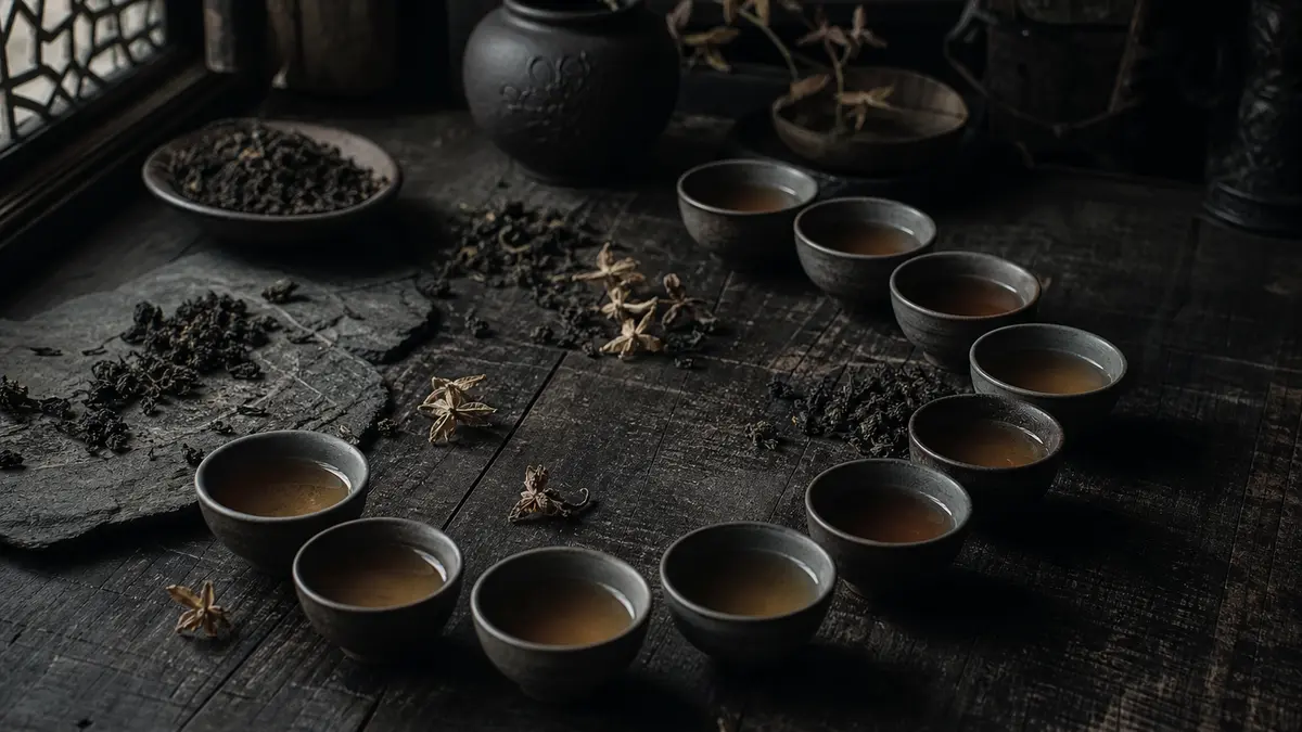 Dark atmospheric editorial tea photograph, low natural light from a single window casting deep shadows across a weathere