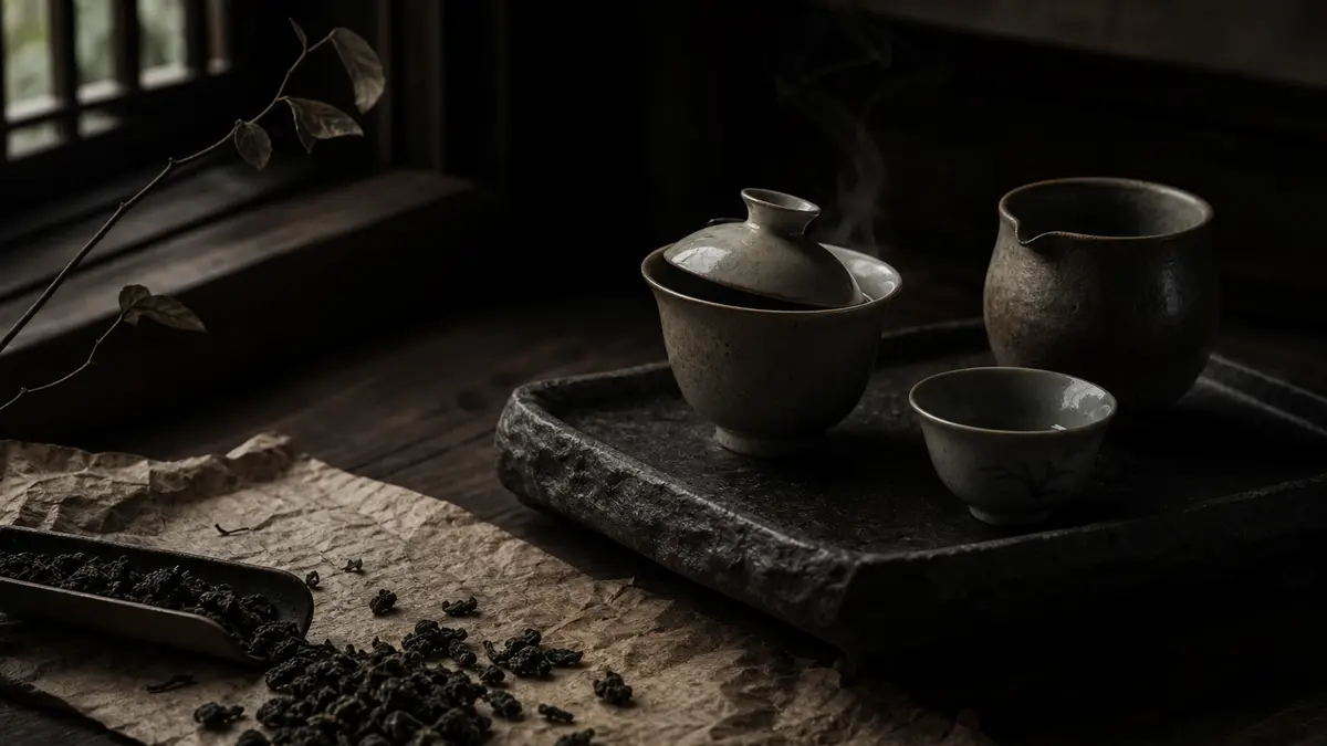 Dark atmospheric editorial tea photograph, low natural light from one window illuminating a small traditional gaiwan wit