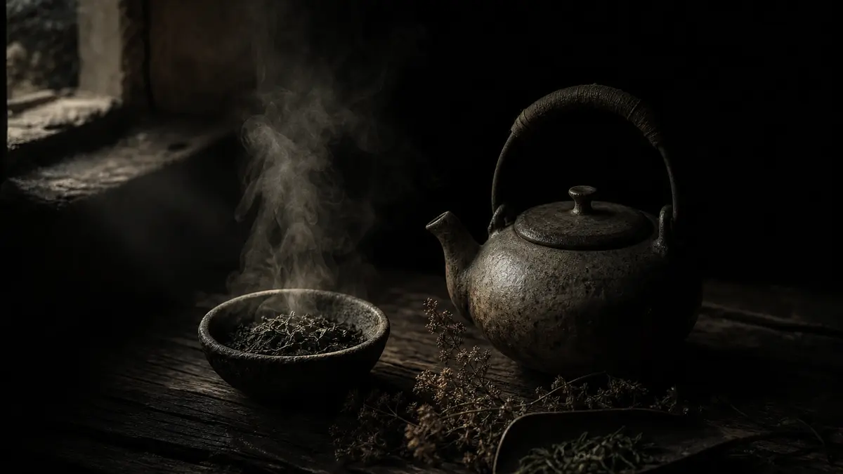 Dark atmospheric editorial photograph of a weathered ceramic teapot resting on aged dark wood surface, single window cas