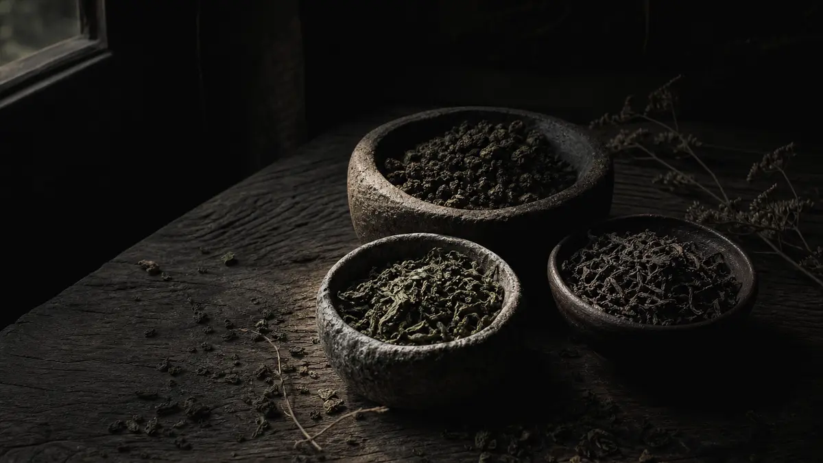 Dark atmospheric editorial photograph of three small rough-hewn stone and ceramic vessels containing different varieties