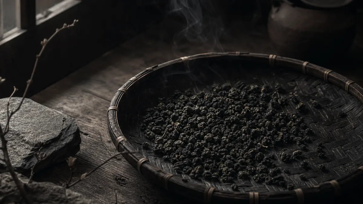 Dark atmospheric editorial tea photograph, tightly rolled oolong tea leaves spread across a worn charcoal-darkened bambo