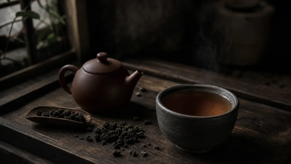 Dark atmospheric editorial tea photograph, a small unglazed clay Yixing teapot beside a stone-gray ceramic cup filled wi