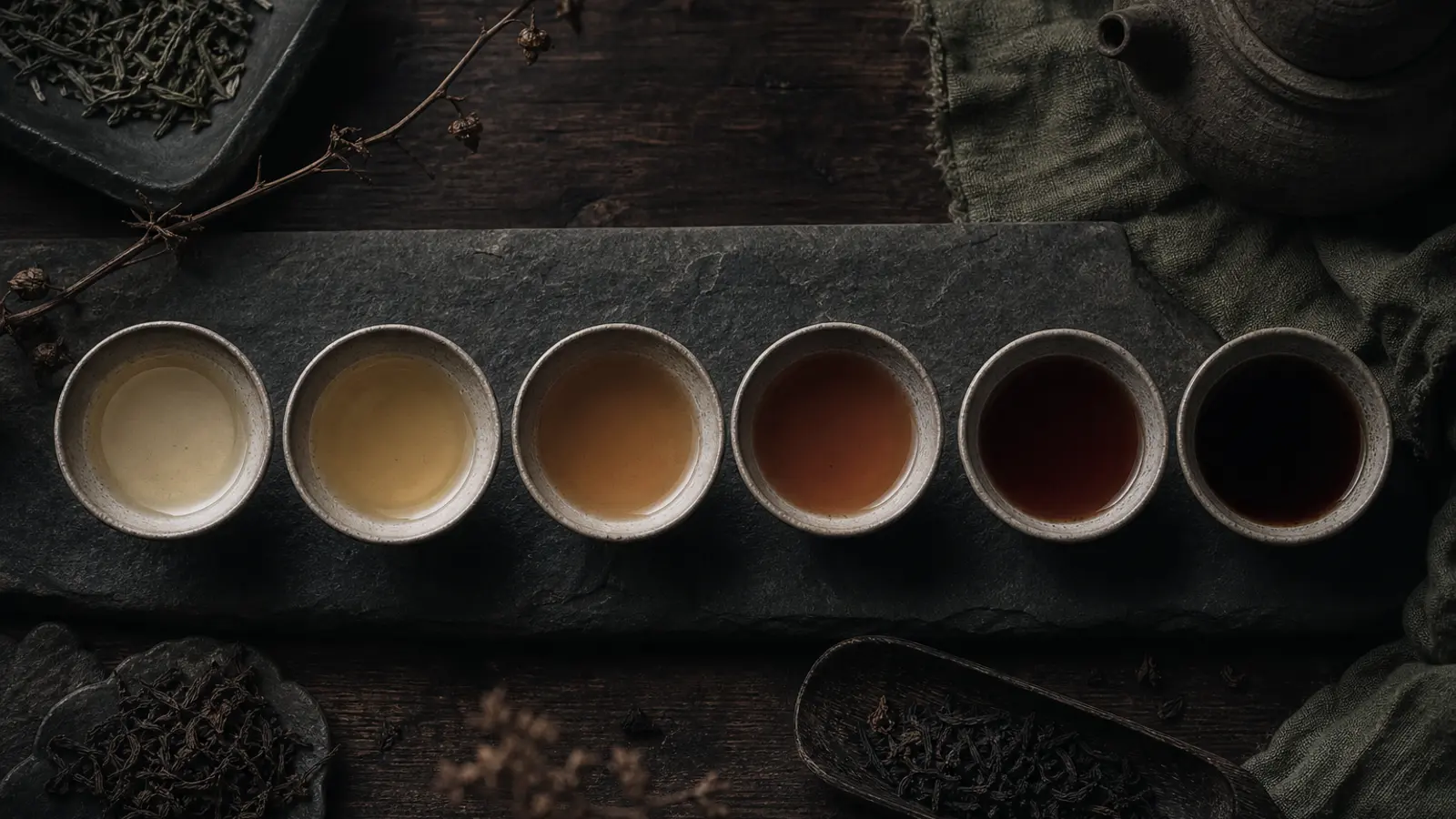 Six tea cups arranged lightest to darkest, showcasing the full color spectrum of tea liquors in an overhead flat lay.