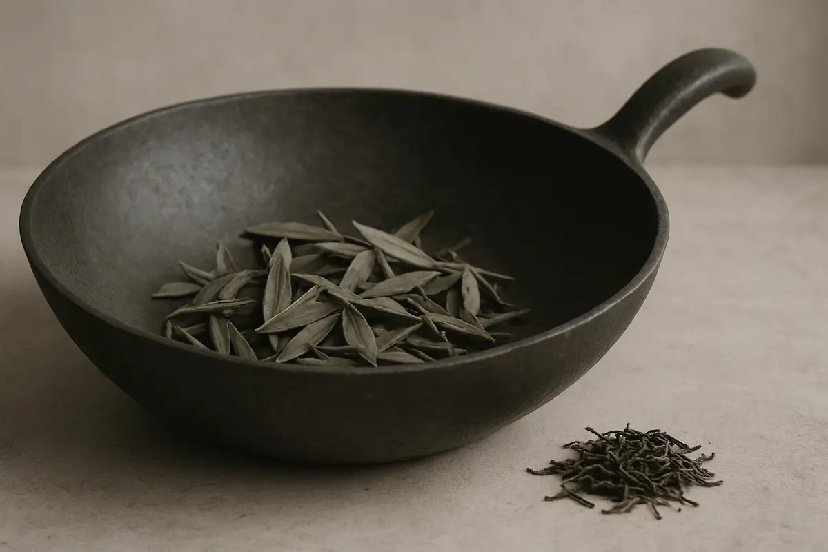 Warm editorial tea photography showing a flat clay pan on a neutral surface, illustrating green tea firing and processing