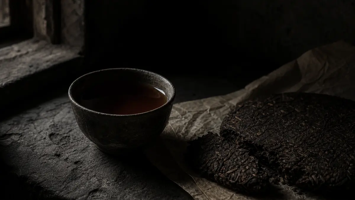 Dark atmospheric editorial tea photograph, a weathered aged ceramic tea bowl resting on rough dark stone surface, dry ag