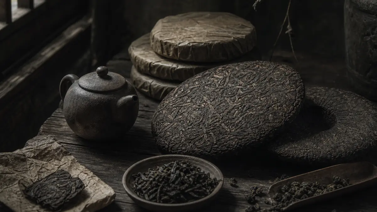 Dark atmospheric editorial tea photograph, several aged pu-erh tea cakes and loose leaf oolong arranged on weathered dar
