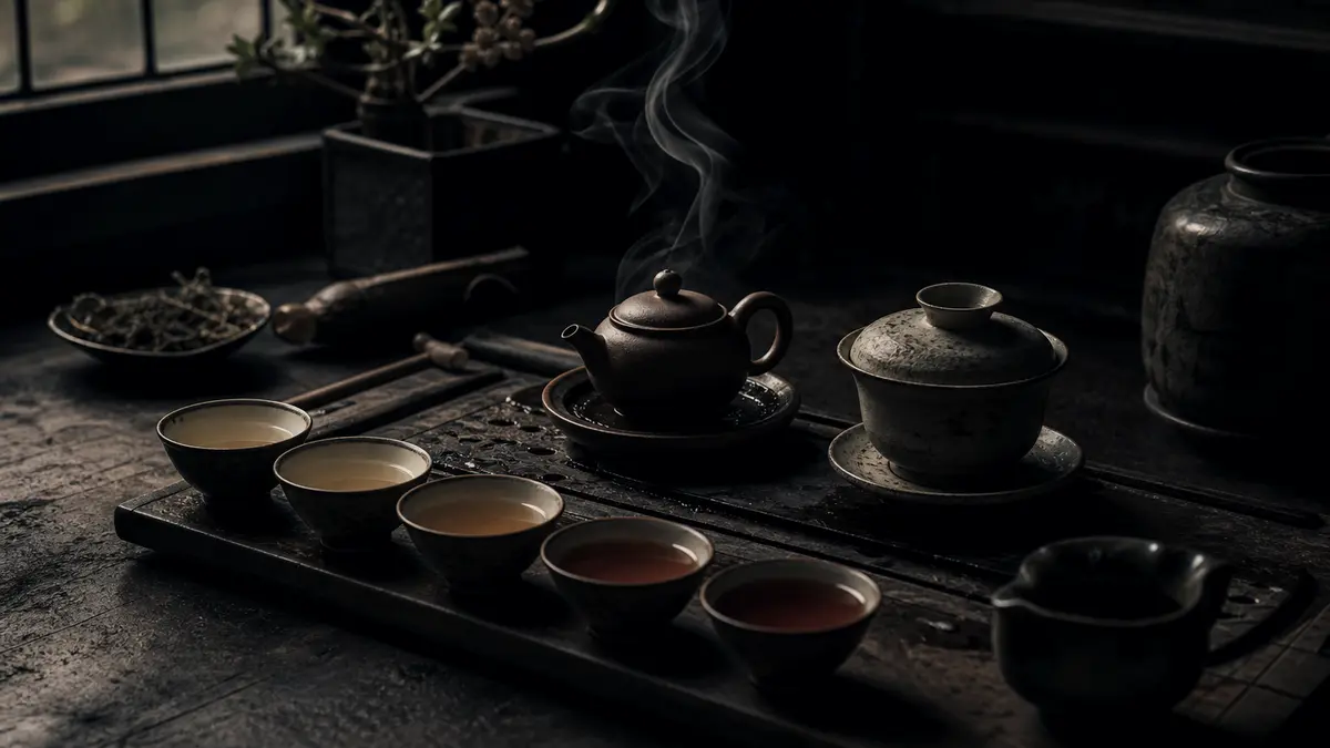 Dark atmospheric editorial tea photograph, gongfu tea setup on worn dark wood table, small clay teapot with steam wisps,