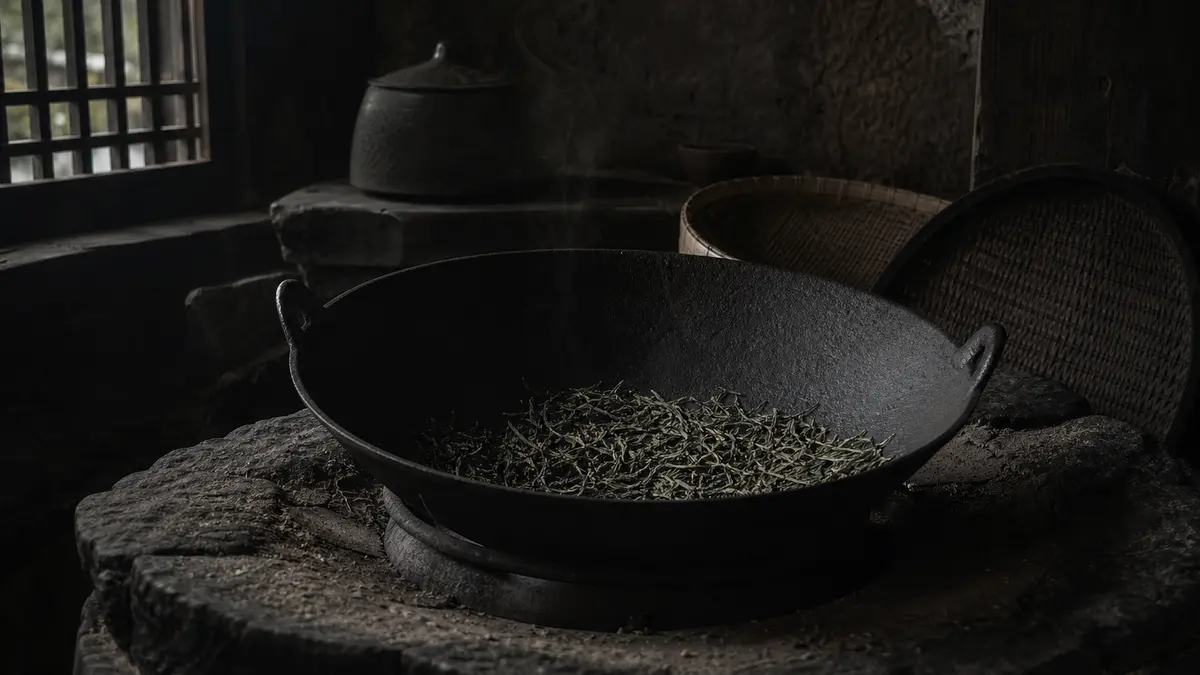 dark atmospheric editorial tea photograph, ancient Korean cast iron gamasot wok resting over a stone hearth, dried green