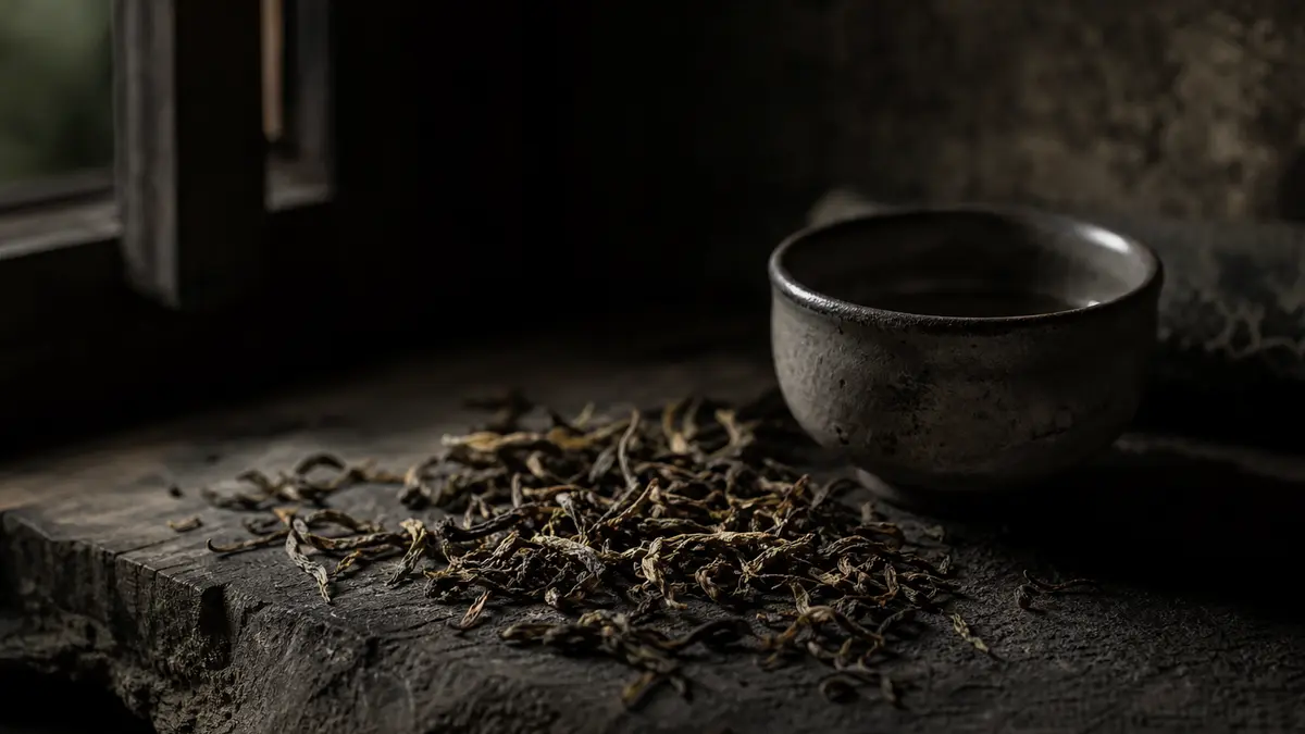 dark atmospheric editorial tea photograph, loose partially oxidized hwangcha leaves in various amber and olive tones spr