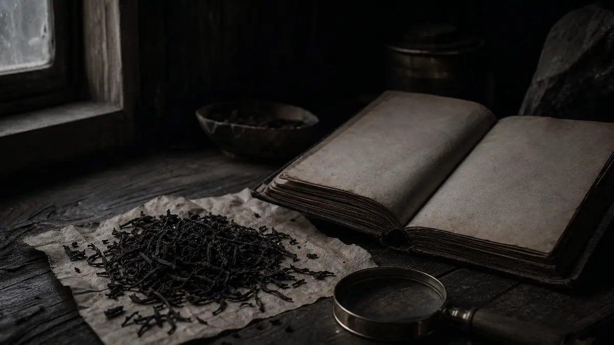 dark atmospheric editorial photograph of scattered loose leaf black tea leaves on aged parchment paper beside an open we