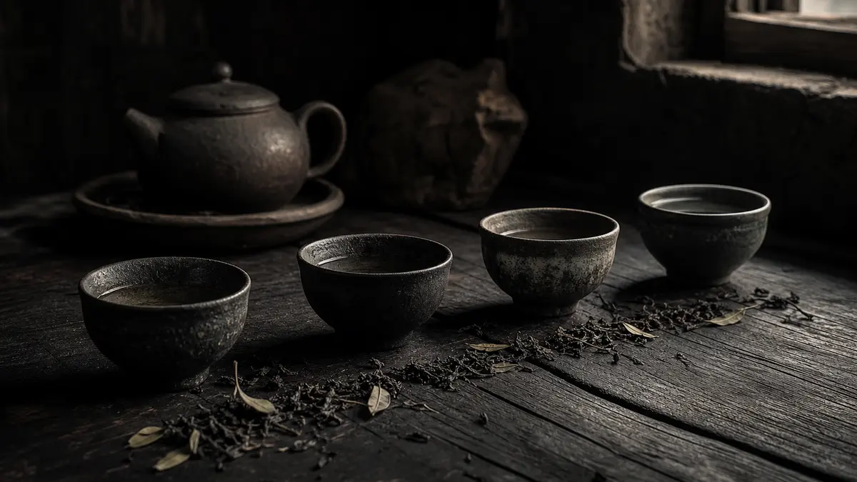 dark atmospheric editorial photograph of a row of four small stone ceramic tea cups arranged in a measured deliberate li