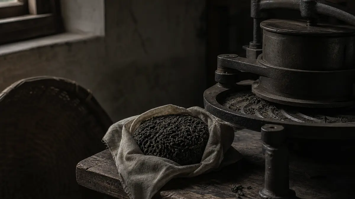 dark atmospheric editorial tea photograph, a cloth-wrapped bundle of tightly compressed oolong tea leaves resting on a w