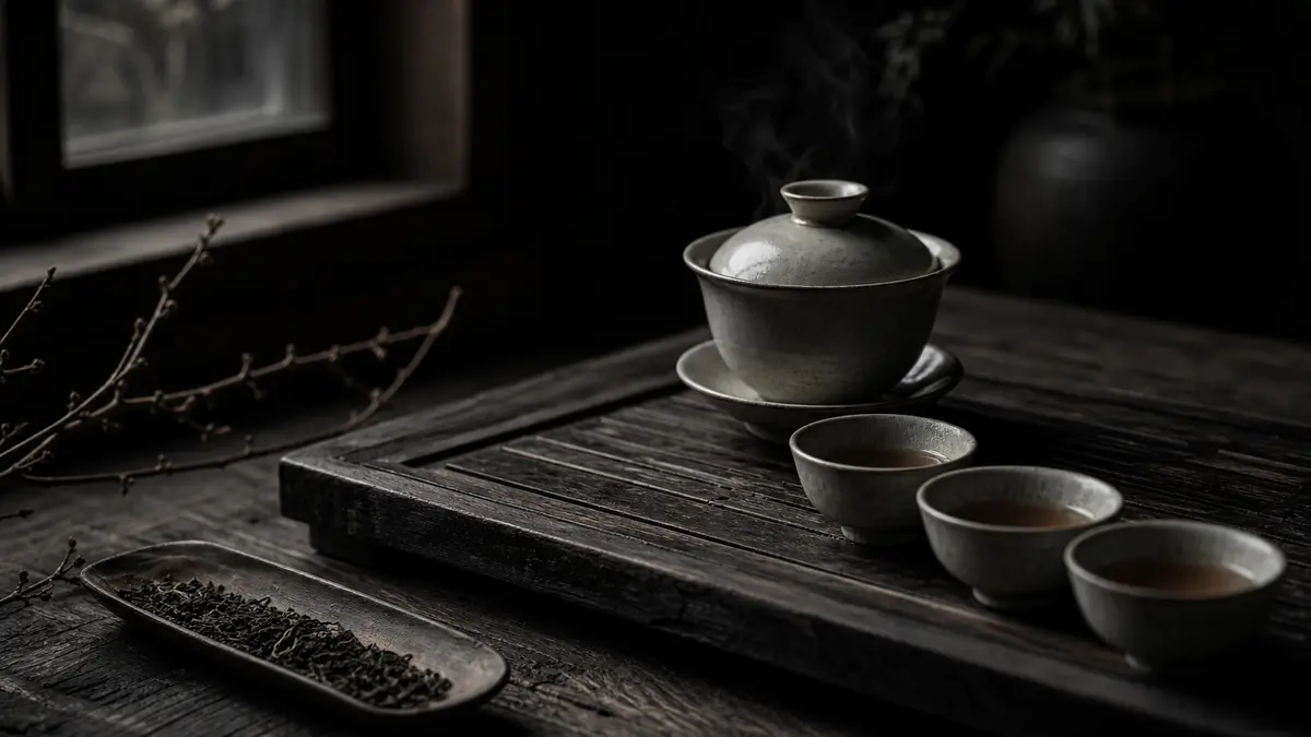 Dark atmospheric editorial tea photograph, a small traditional Chinese gaiwan and tiny porcelain tasting cups arranged o