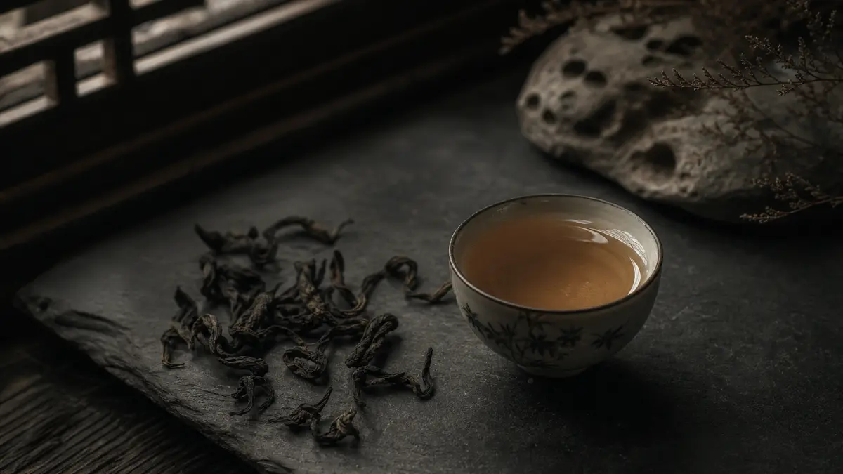Dark atmospheric editorial tea photograph, a single small porcelain cup filled with amber-gold dancong oolong tea restin