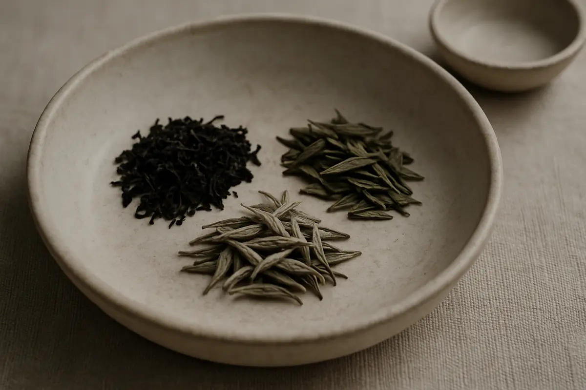 Overhead flat lay of a traditional gongfu tea setup on a warm linen surface, small clay Yixing teapot and two small cups