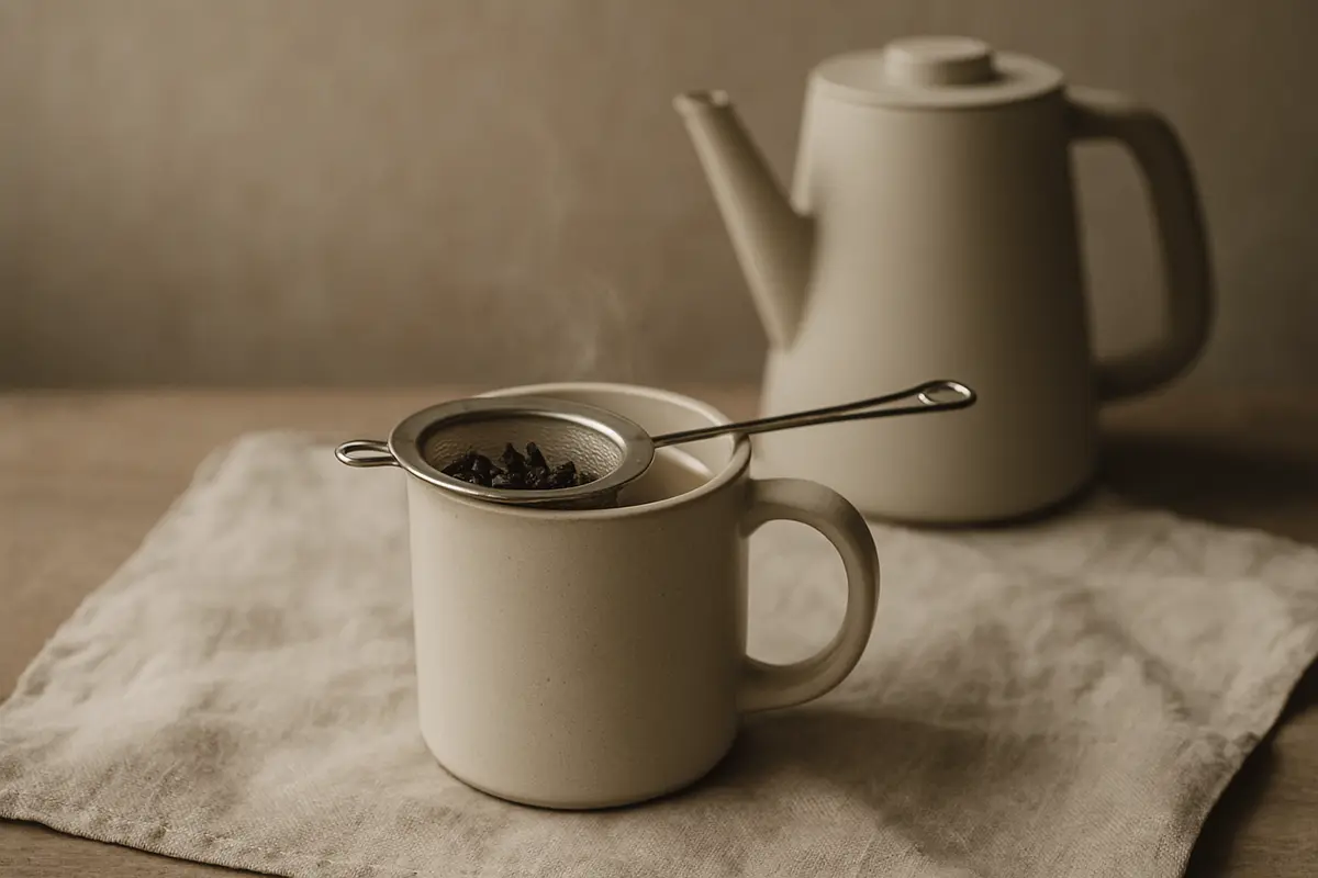 Close-up editorial still life of four small ceramic bowls each holding a different variety of loose leaf tea