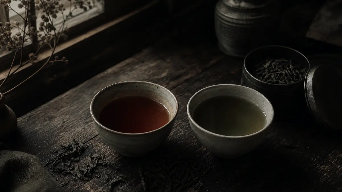 dark atmospheric editorial photograph of two ceramic cups of tea side by side on aged dark wood surface, one filled with