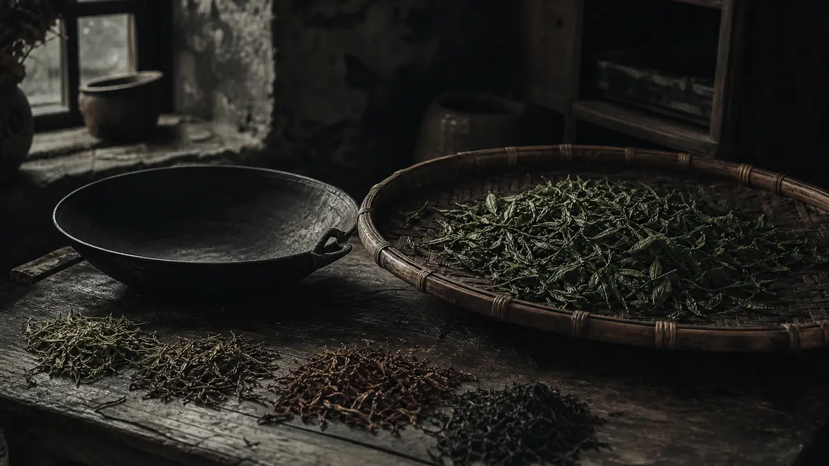 Dark atmospheric editorial tea photograph, low natural light from a single window casting deep shadows across a weathere